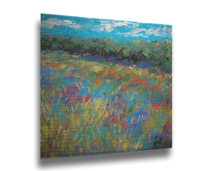 An expressive painting of a field of flowers, created in bold strokes of color. Printed on metal.