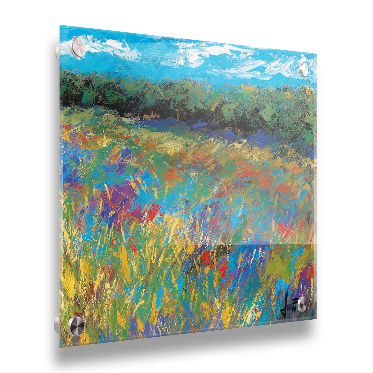 An expressive painting of a field of flowers, created in bold strokes of color. Printed on acrylic.