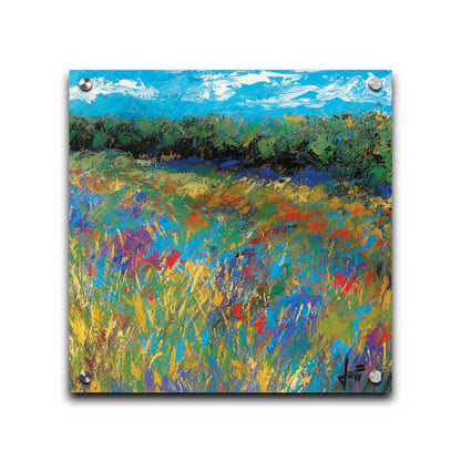 An expressive painting of a field of flowers, created in bold strokes of color. Printed on acrylic.