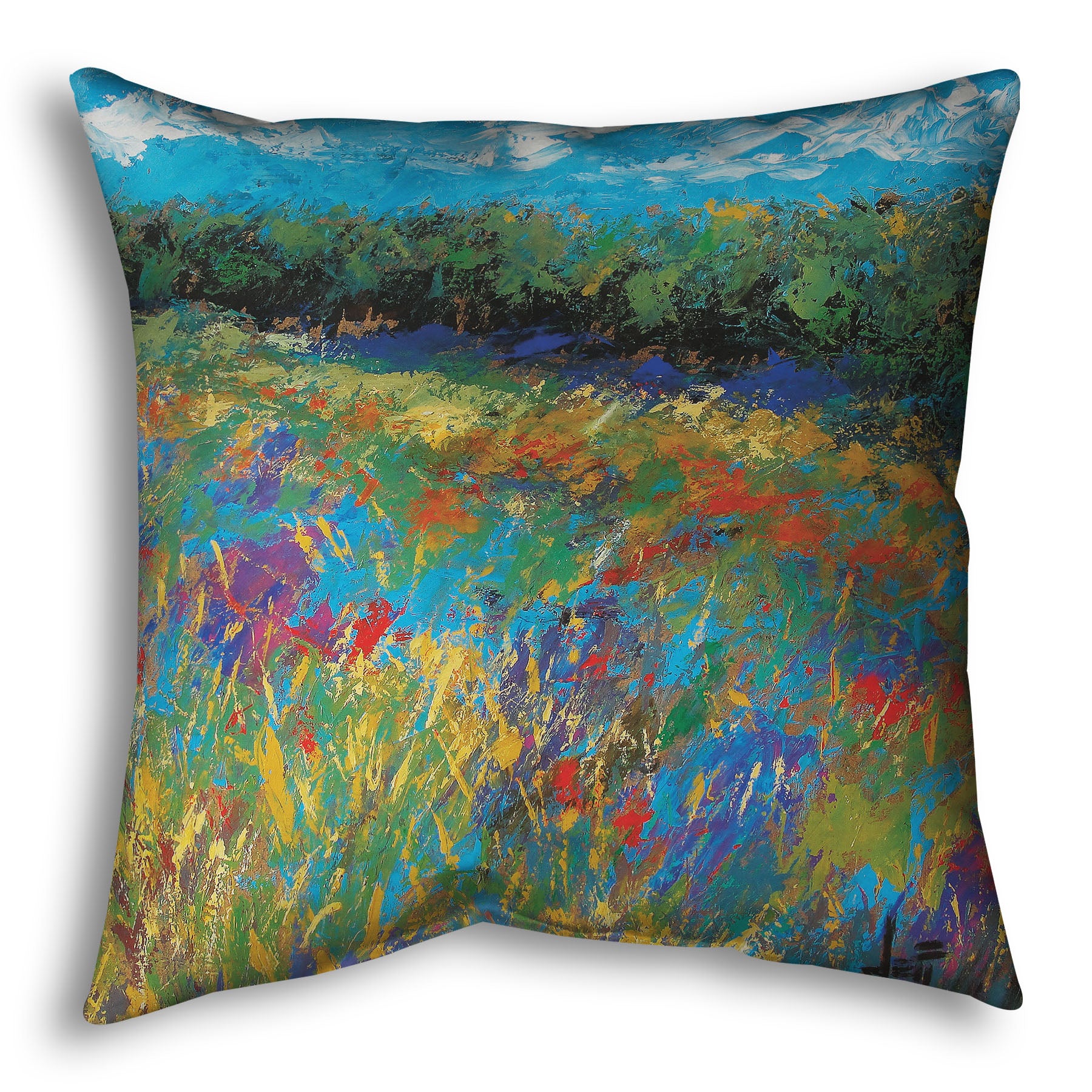 A throw pillow designed with an expressive painting of a field of flowers, created in bold strokes of color.