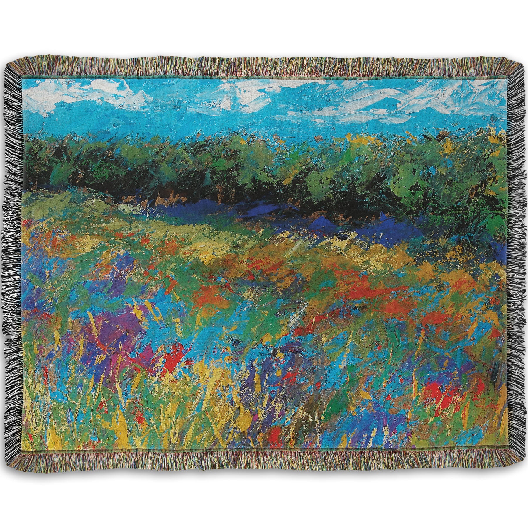 A woven throw blanket designed with an expressive painting of a field of flowers, created in bold strokes of color.