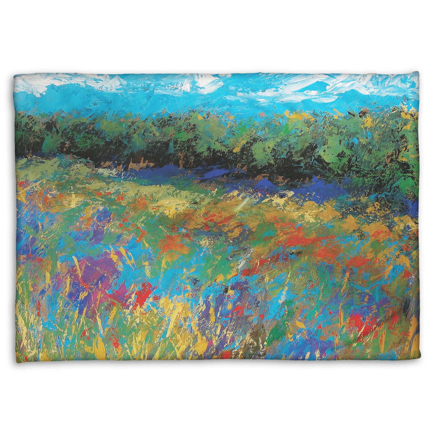A coral fleece blanket designed with an expressive painting of a field of flowers, created in bold strokes of color.