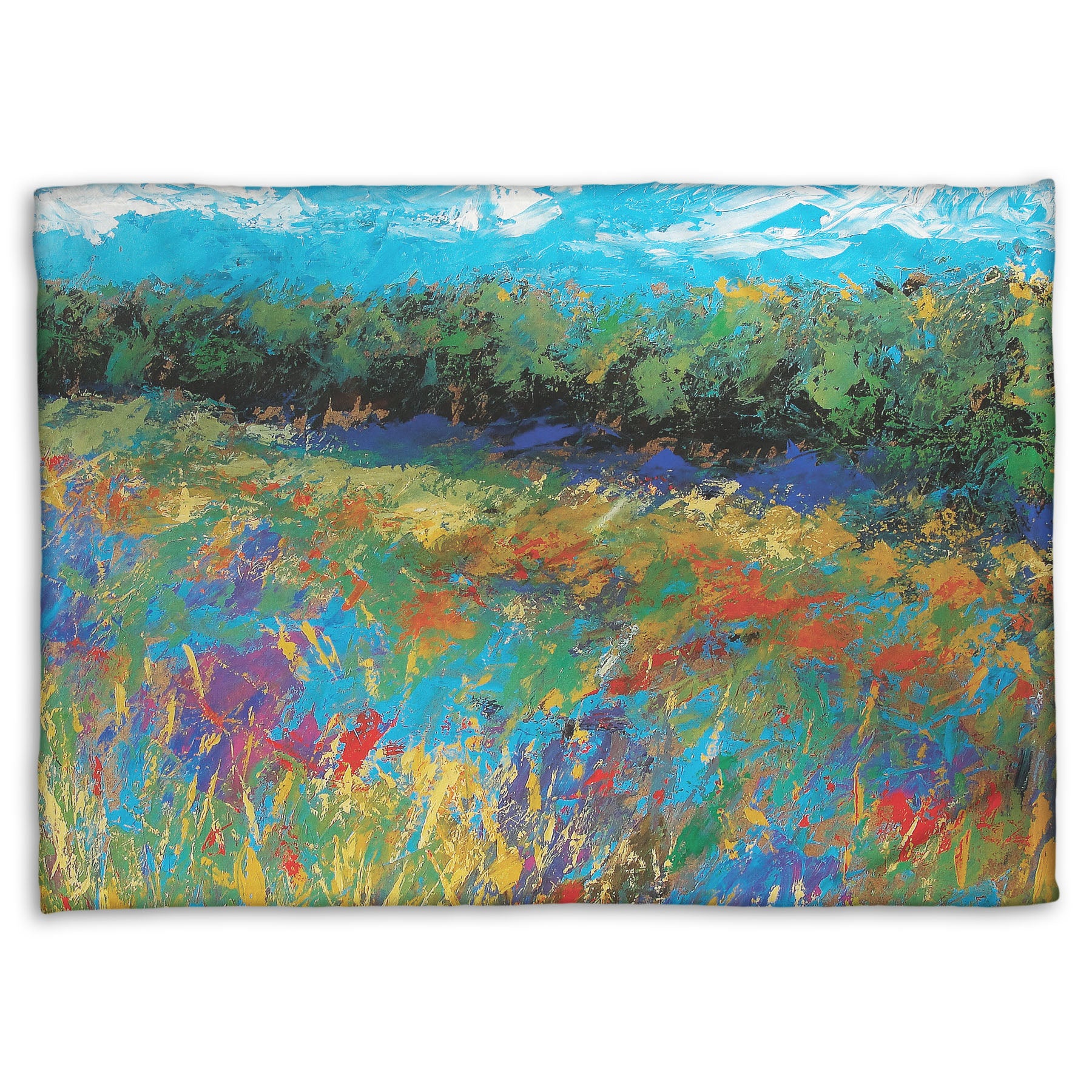 A coral fleece blanket designed with an expressive painting of a field of flowers, created in bold strokes of color.