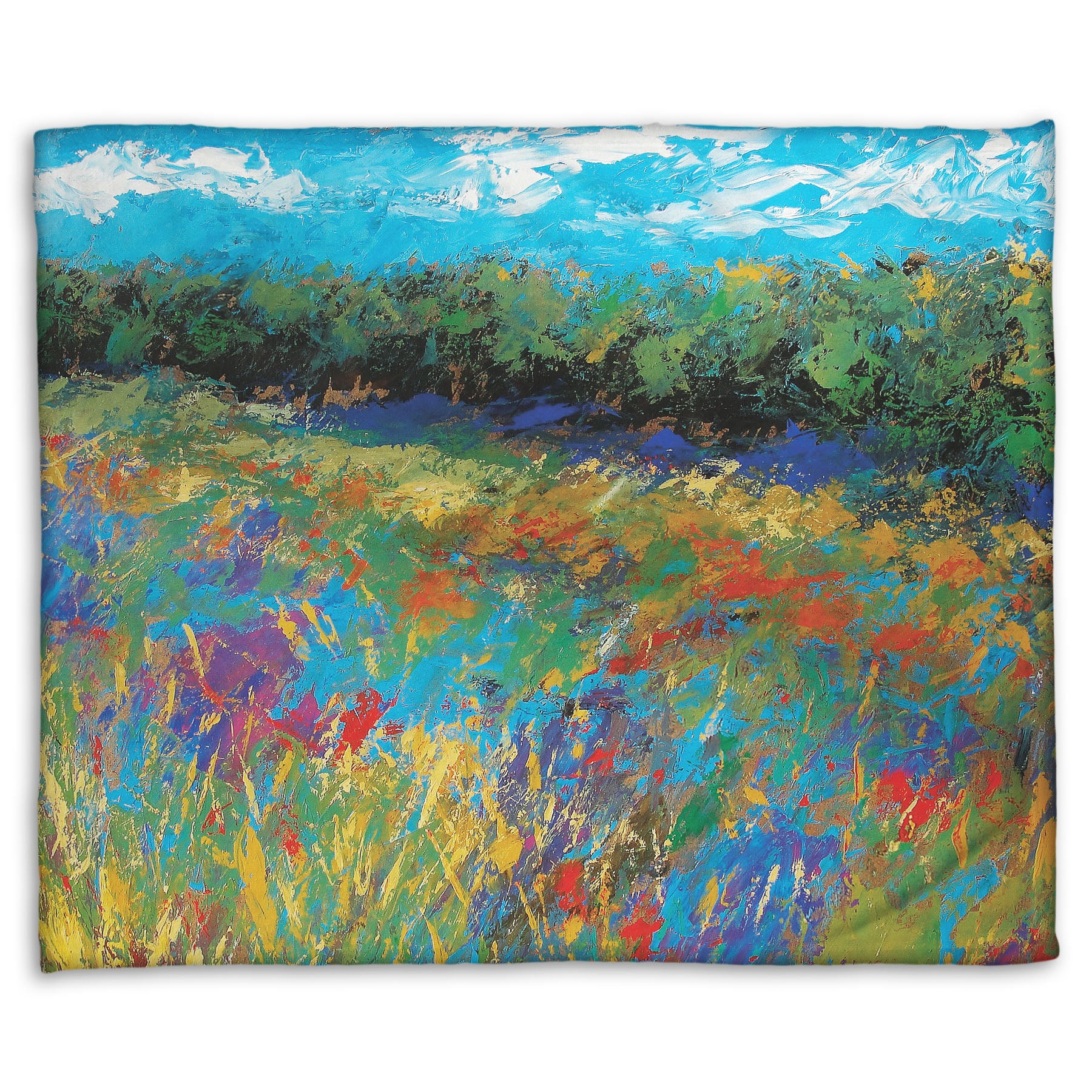 A coral fleece blanket designed with an expressive painting of a field of flowers, created in bold strokes of color.