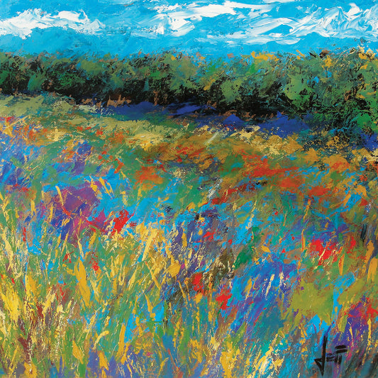 An expressive painting of a field of flowers, created in bold strokes of color.