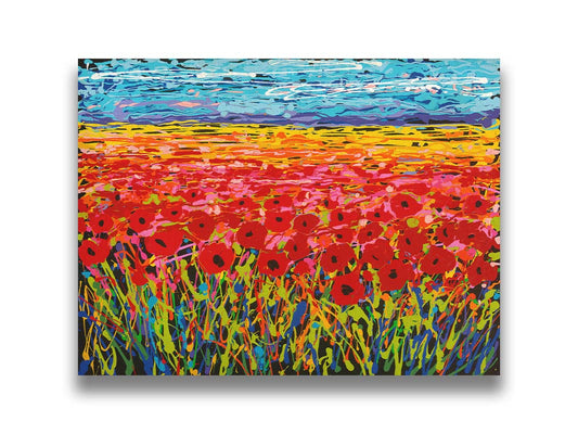 A drip painting of a field of red flowers, created with a rainbow of vibrant colors. Printed on canvas.