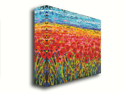 A drip painting of a field of red flowers, created with a rainbow of vibrant colors. Printed on canvas.