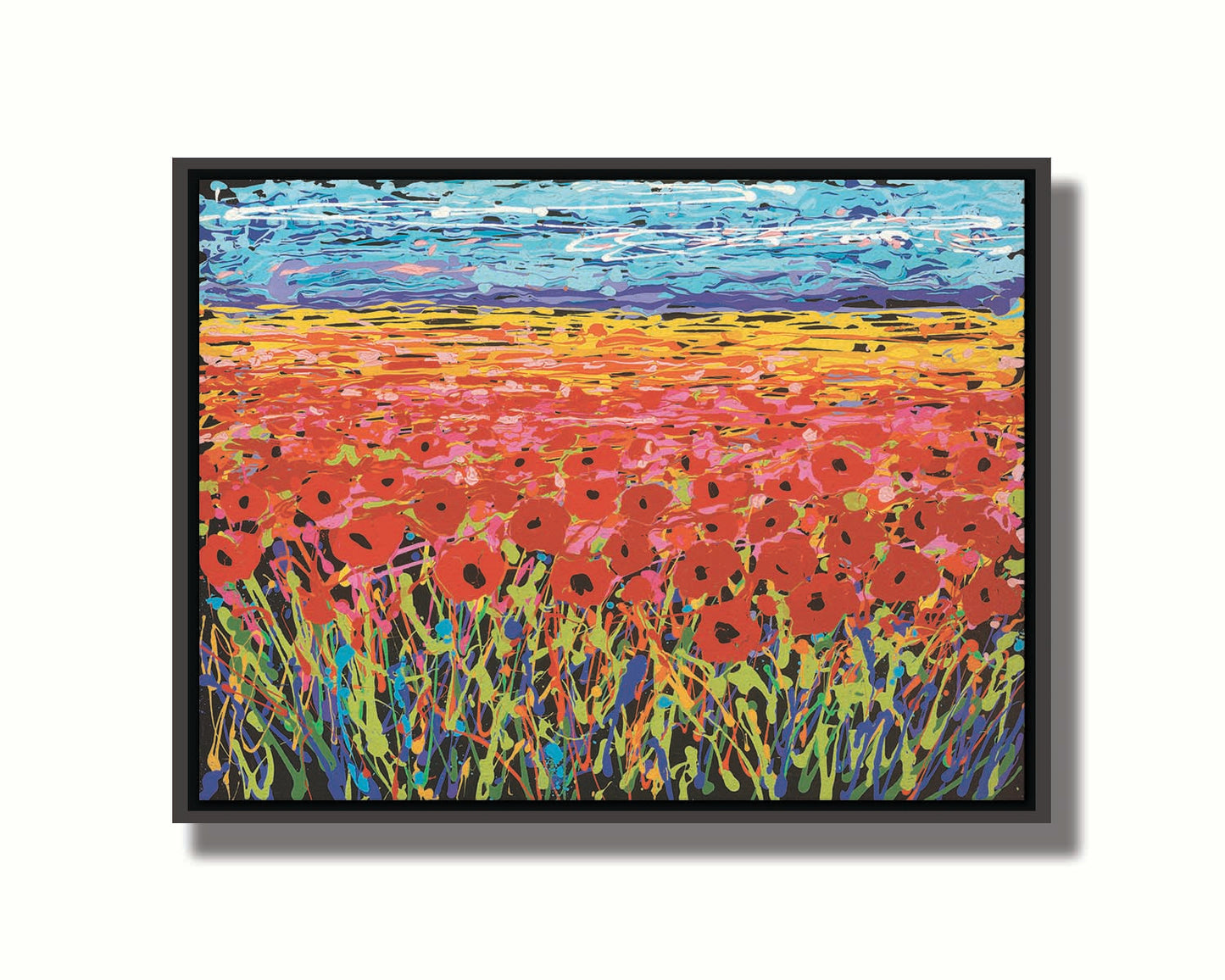 A drip painting of a field of red flowers, created with a rainbow of vibrant colors. Printed on canvas in a float frame.