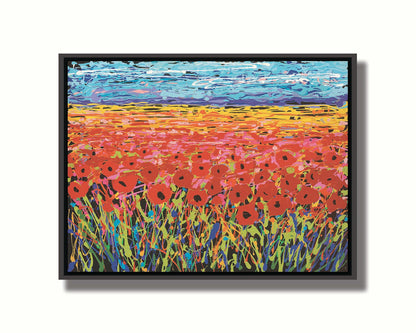 A drip painting of a field of red flowers, created with a rainbow of vibrant colors. Printed on canvas in a float frame.