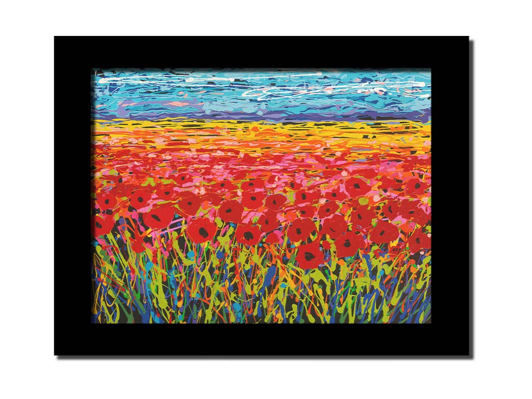 A drip painting of a field of red flowers, created with a rainbow of vibrant colors. Printed on canvas and framed.