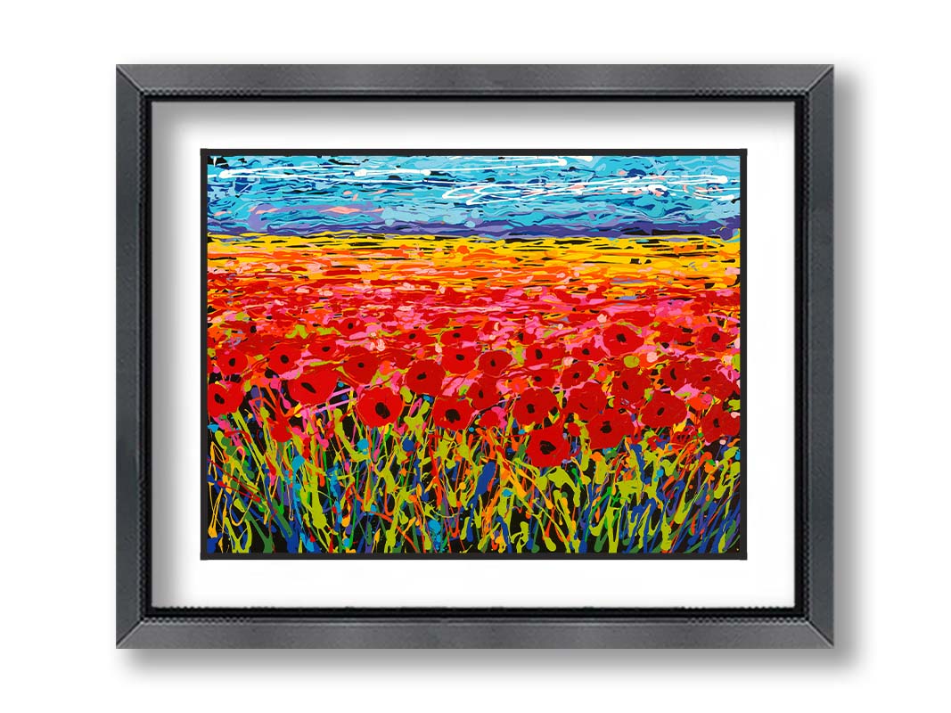 A drip painting of a field of red flowers, created with a rainbow of vibrant colors. Printed on paper, matted, and framed.