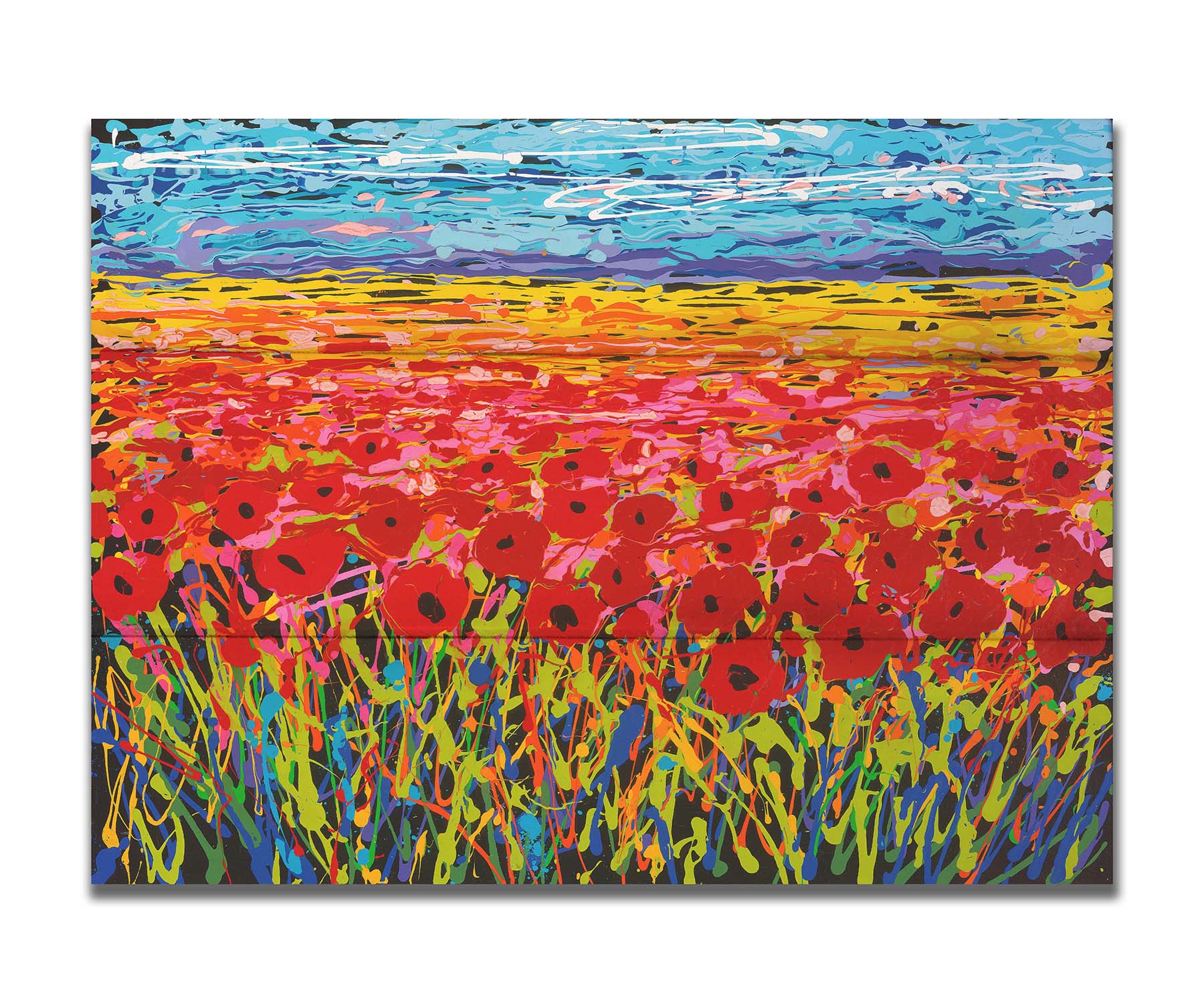 A drip painting of a field of red flowers, created with a rainbow of vibrant colors. Printed on a box board.