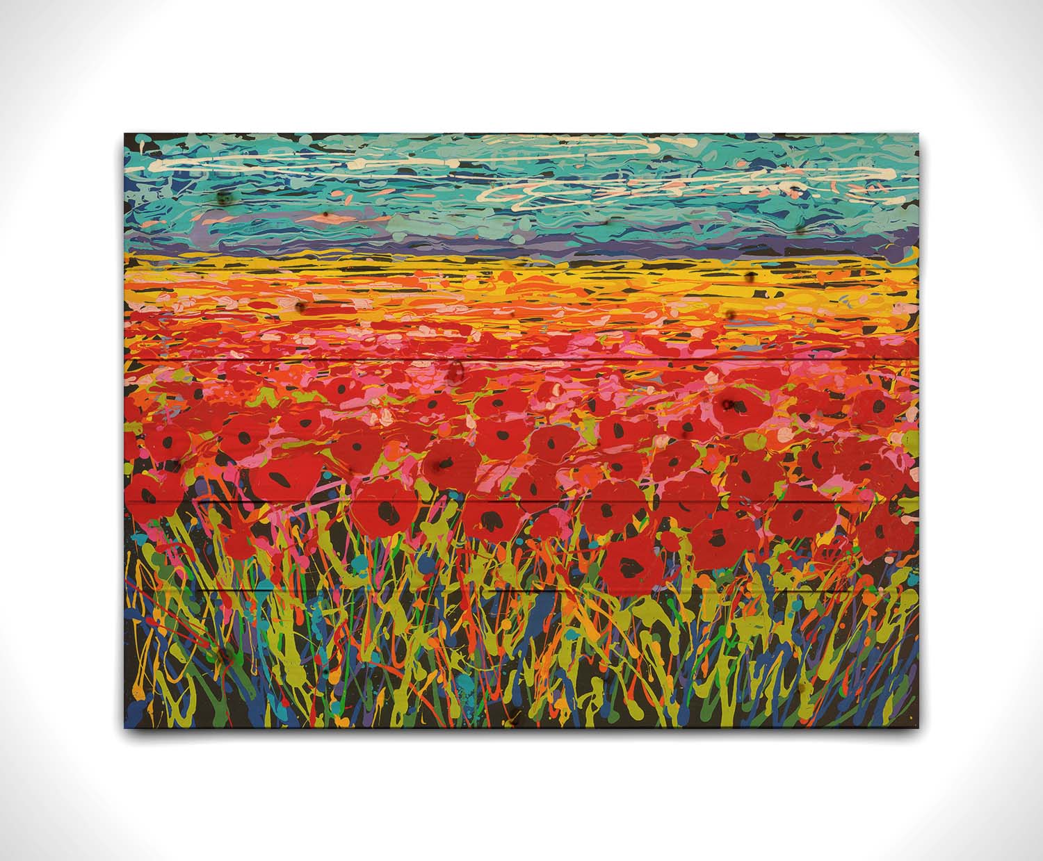 A drip painting of a field of red flowers, created with a rainbow of vibrant colors. Printed on a wood pallet.