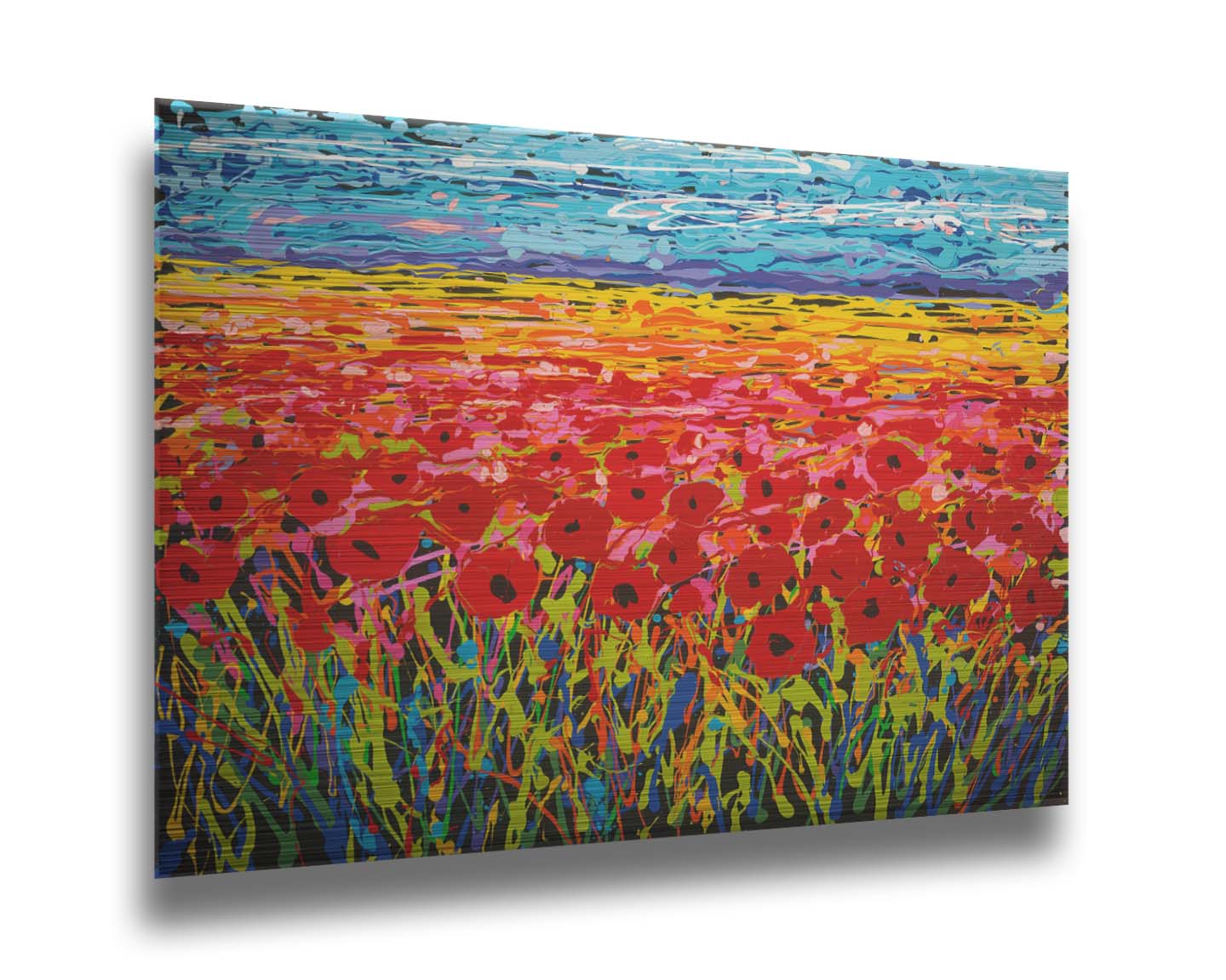 A drip painting of a field of red flowers, created with a rainbow of vibrant colors. Printed on metal.