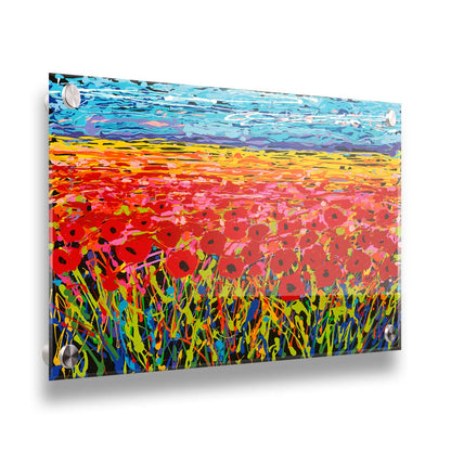 A drip painting of a field of red flowers, created with a rainbow of vibrant colors. Printed on acrylic.