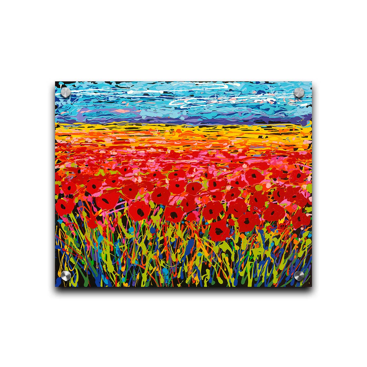 A drip painting of a field of red flowers, created with a rainbow of vibrant colors. Printed on acrylic.