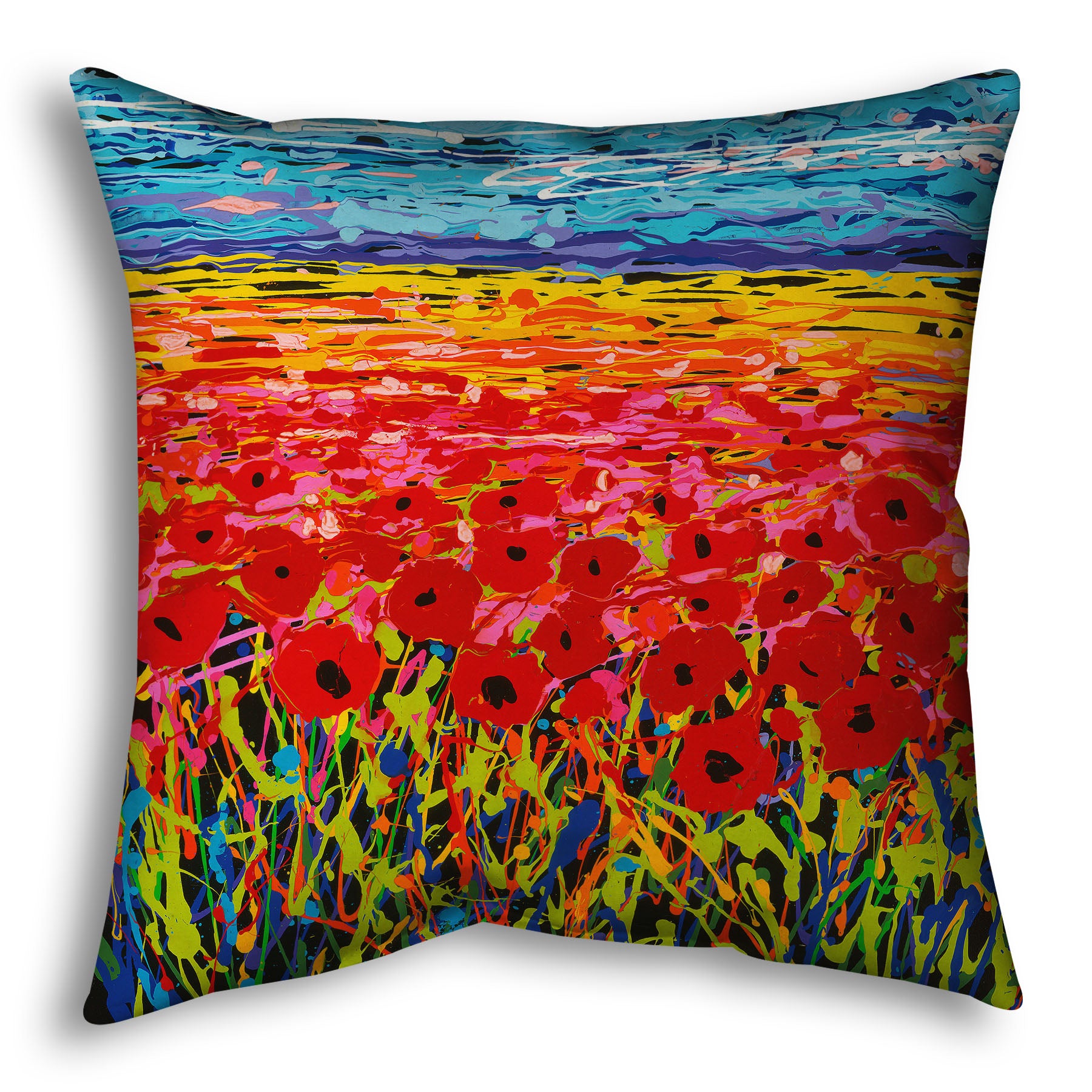 A throw pillow designed with a drip painting of a field of red flowers, created with a rainbow of vibrant colors.
