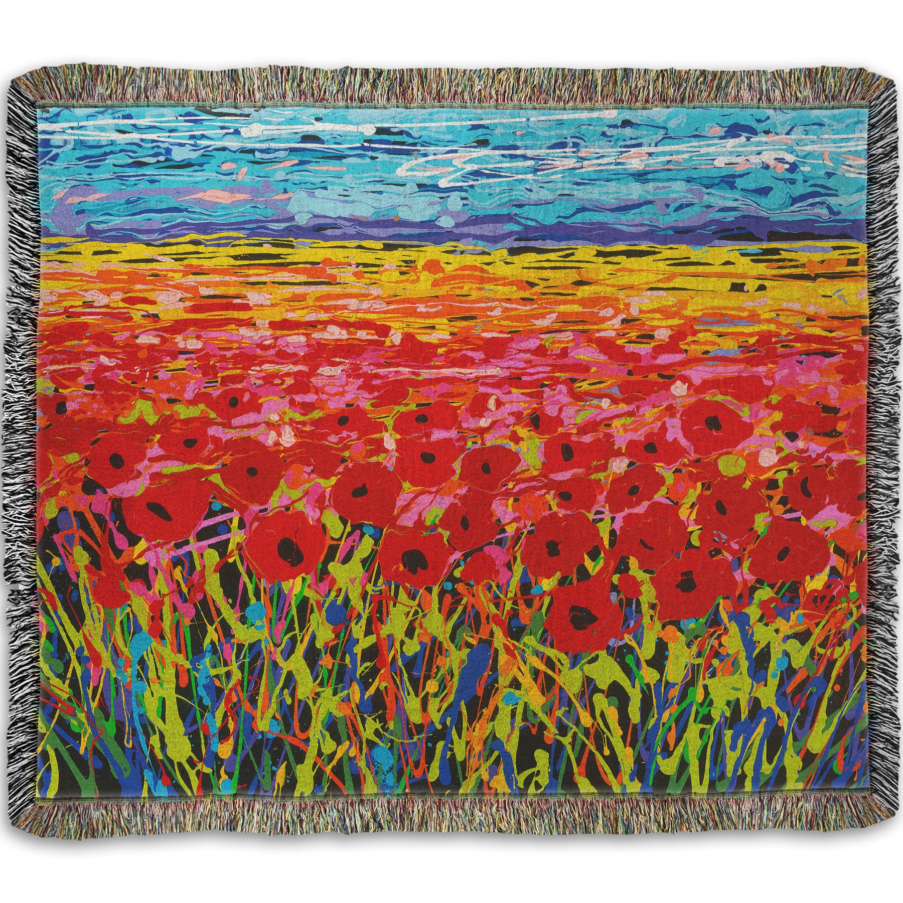 A woven throw designed with a drip painting of a field of red flowers, created with a rainbow of vibrant colors.
