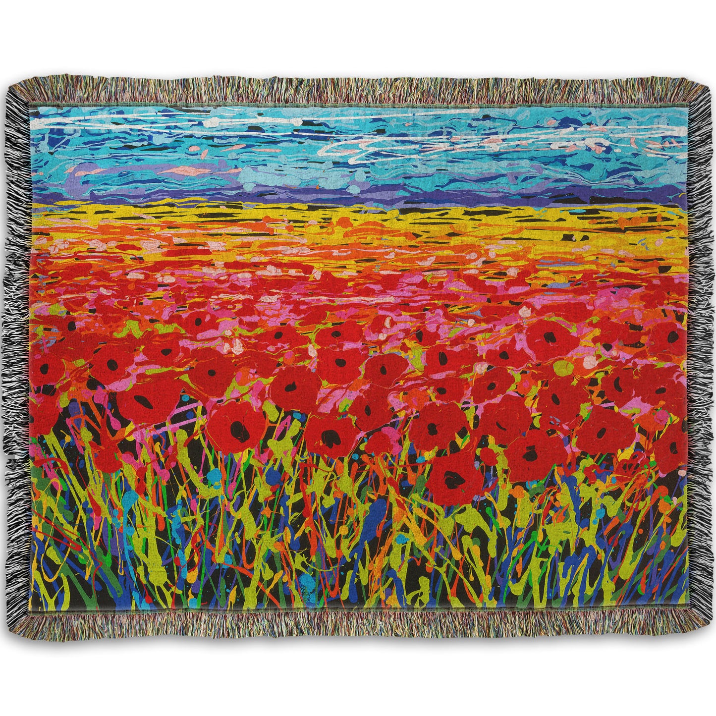 A woven throw designed with a drip painting of a field of red flowers, created with a rainbow of vibrant colors.