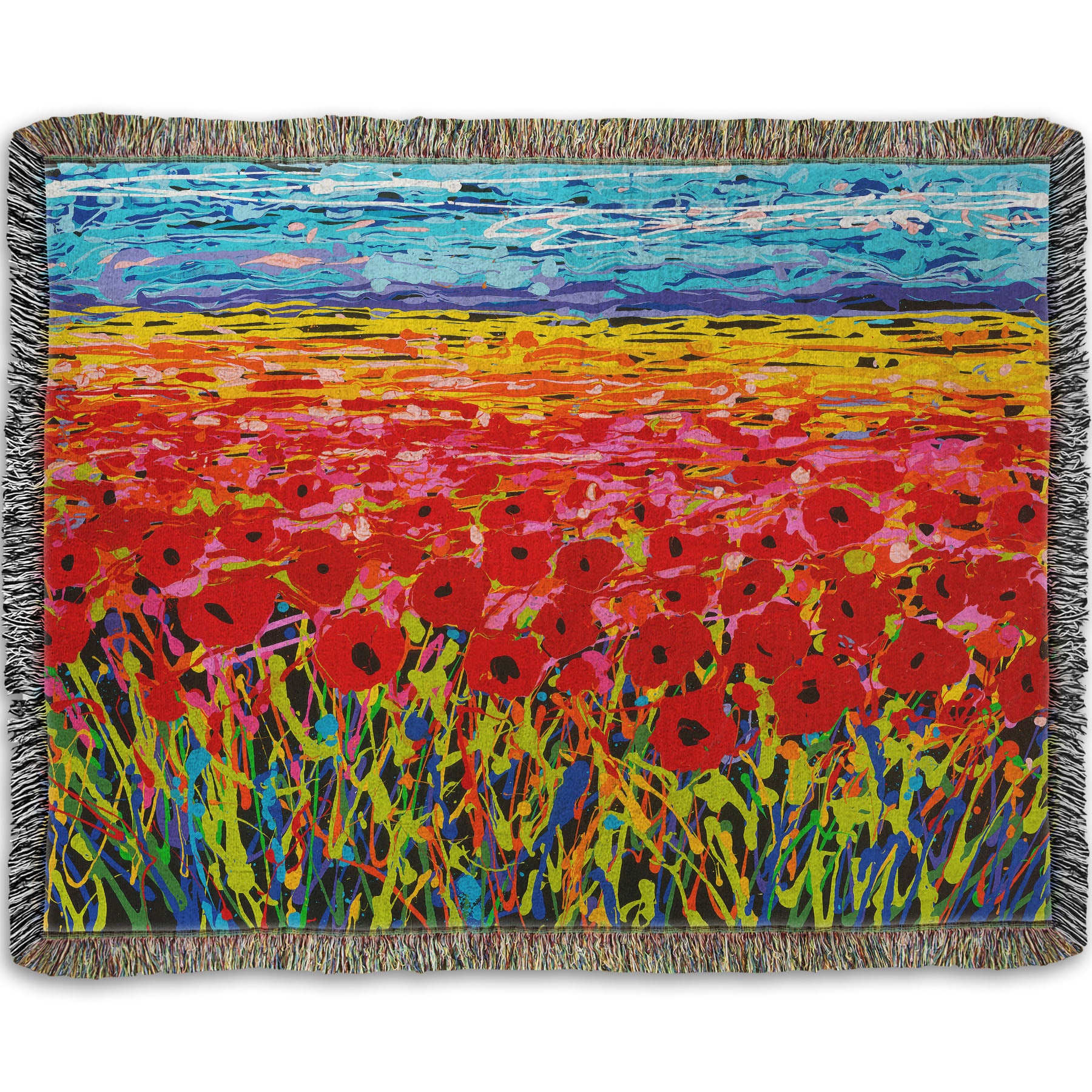 A woven throw designed with a drip painting of a field of red flowers, created with a rainbow of vibrant colors.