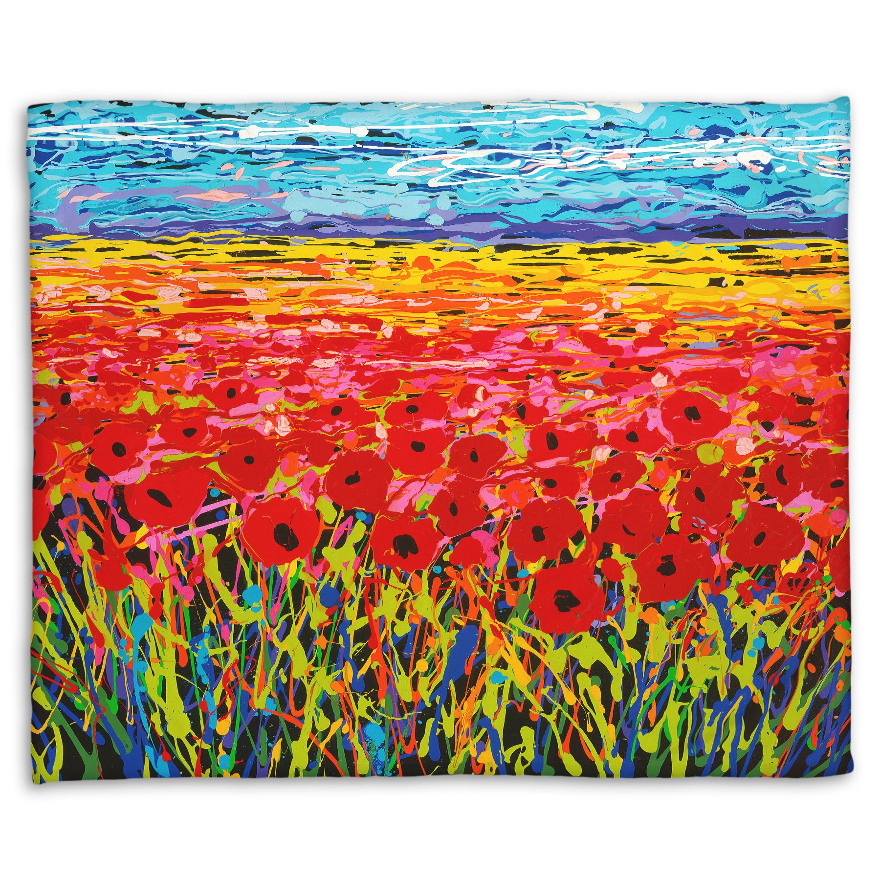 A coral fleece blanket designed with a drip painting of a field of red flowers, created with a rainbow of vibrant colors.