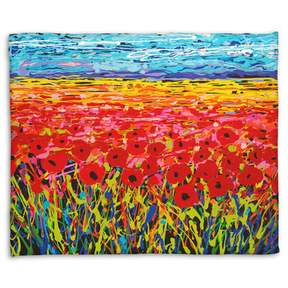 A coral fleece blanket designed with a drip painting of a field of red flowers, created with a rainbow of vibrant colors.