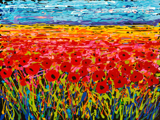 A drip painting of a field of red flowers, created with a rainbow of vibrant colors. 