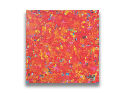 A painting of an abstract organic pattern of red, orange, and yellow accented by blue, pink, green, black, and white. Printed on canvas.