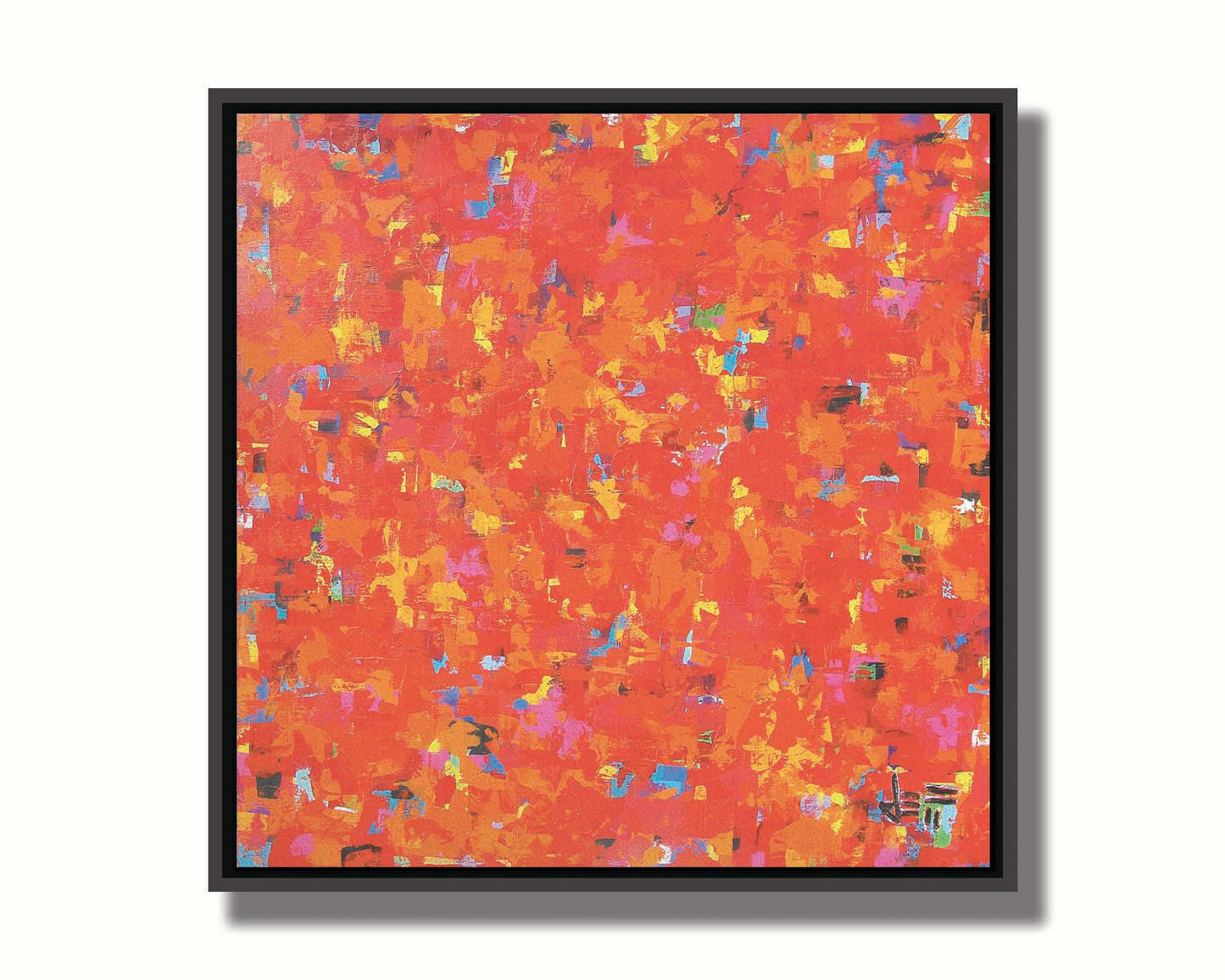 A painting of an abstract organic pattern of red, orange, and yellow accented by blue, pink, green, black, and white. Printed on canvas in a float frame.