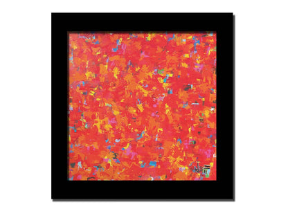 A painting of an abstract organic pattern of red, orange, and yellow accented by blue, pink, green, black, and white. Printed on canvas and framed.