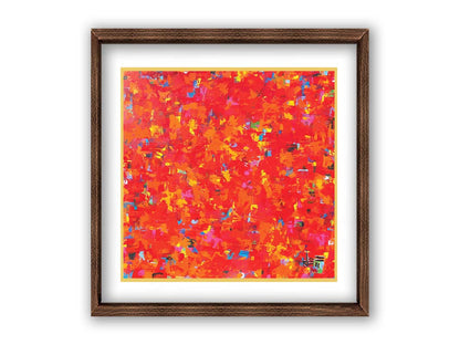 A painting of an abstract organic pattern of red, orange, and yellow accented by blue, pink, green, black, and white. Printed on paper, matted, and framed.