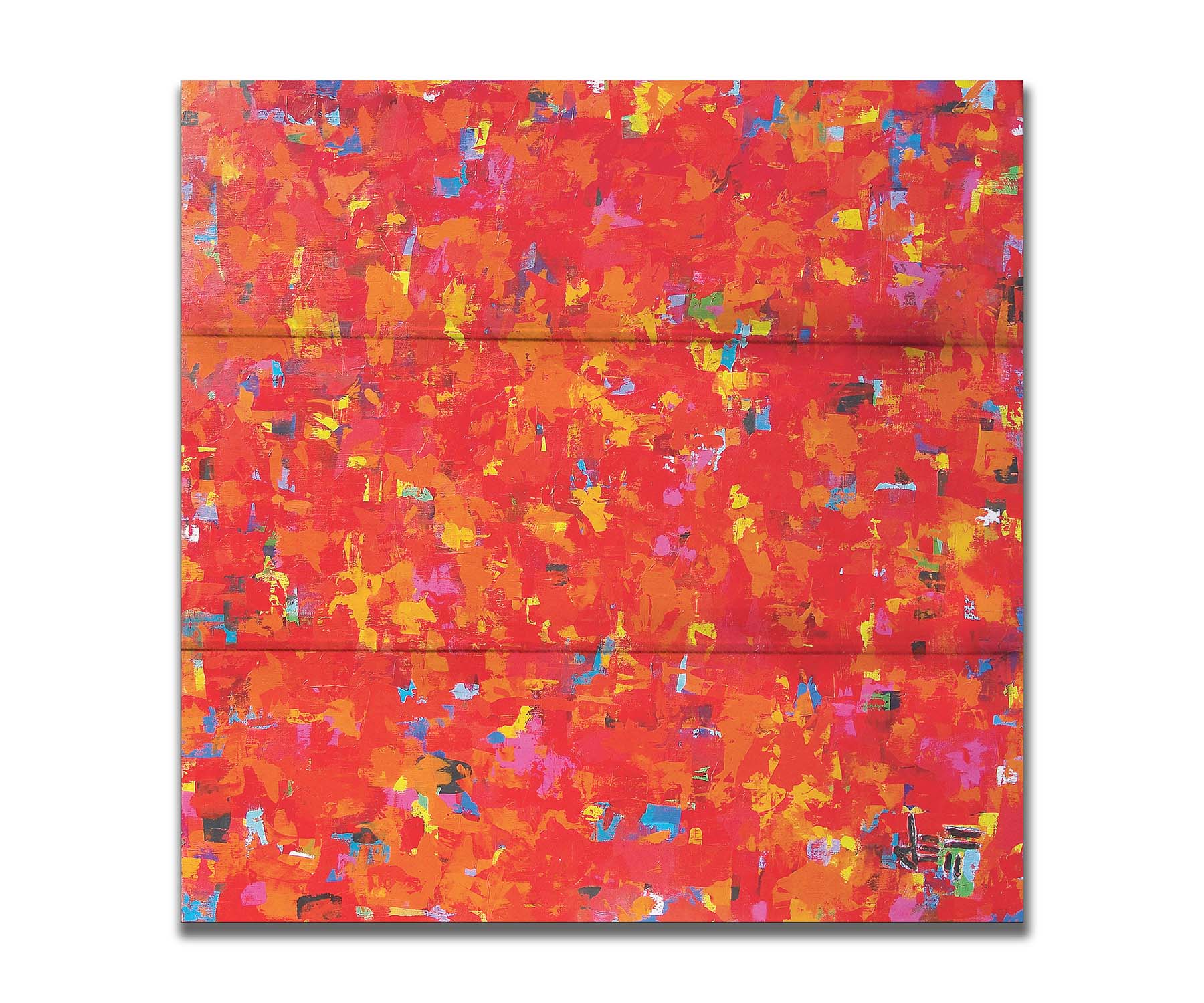 A painting of an abstract organic pattern of red, orange, and yellow accented by blue, pink, green, black, and white. Printed on a box board.