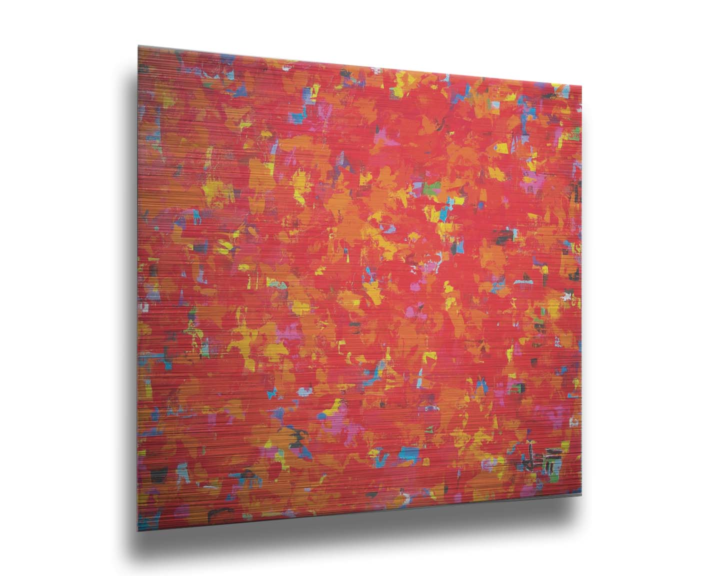 A painting of an abstract organic pattern of red, orange, and yellow accented by blue, pink, green, black, and white. Printed on metal.