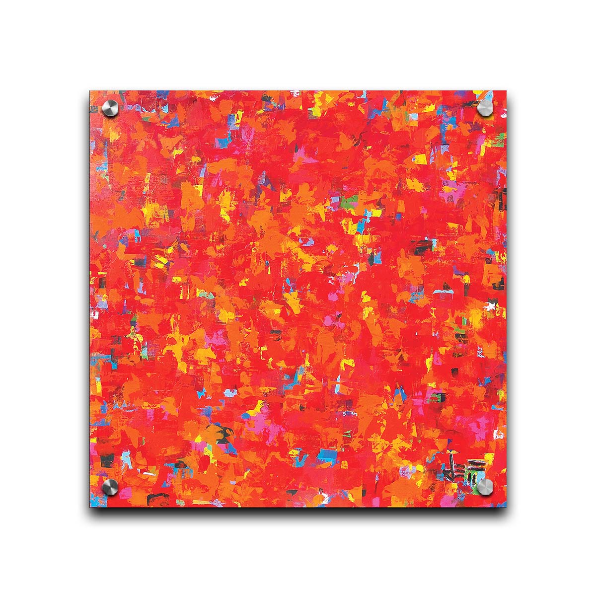 A painting of an abstract organic pattern of red, orange, and yellow accented by blue, pink, green, black, and white. Printed on acrylic.