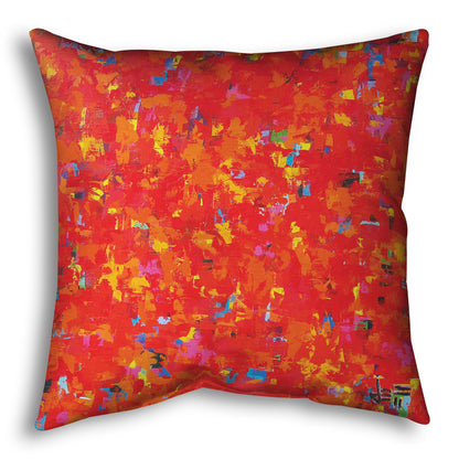 Pillow designed with a painting of an abstract organic pattern of red, orange, and yellow accented by blue, pink, green, black, and white.