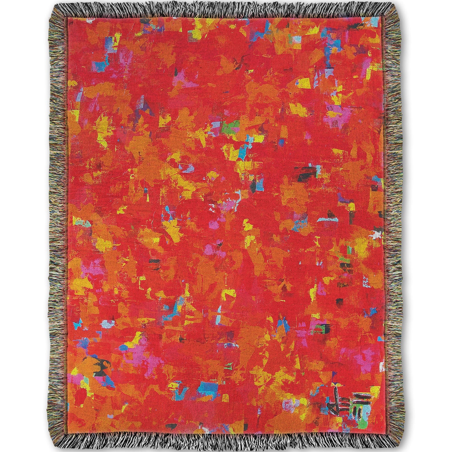 Woven blanket designed with a painting of an abstract organic pattern of red, orange, and yellow accented by blue, pink, green, black, and white.