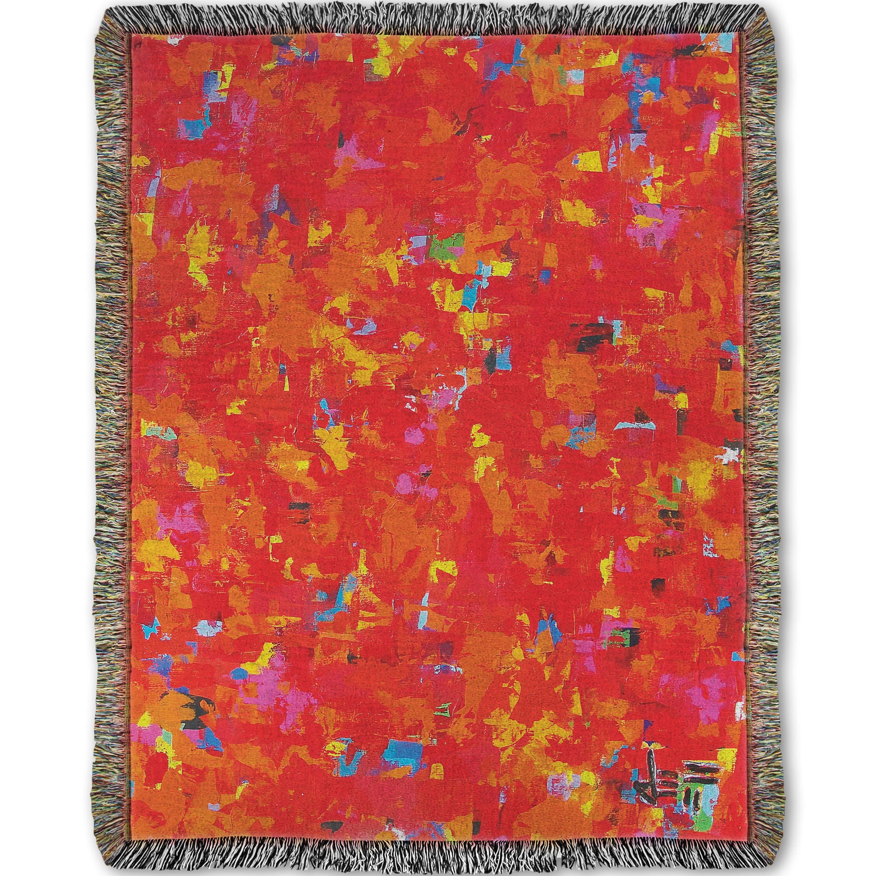 Woven blanket designed with a painting of an abstract organic pattern of red, orange, and yellow accented by blue, pink, green, black, and white.