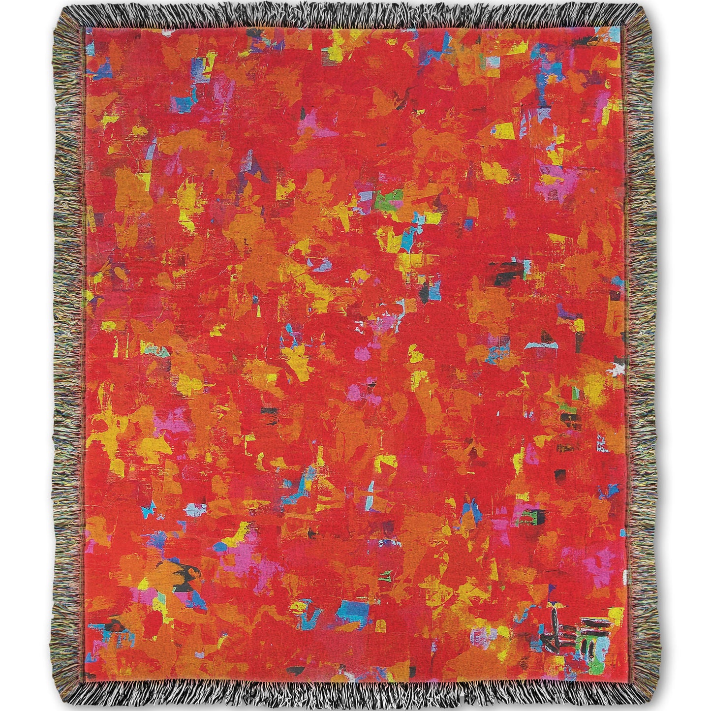 Woven blanket designed with a painting of an abstract organic pattern of red, orange, and yellow accented by blue, pink, green, black, and white.