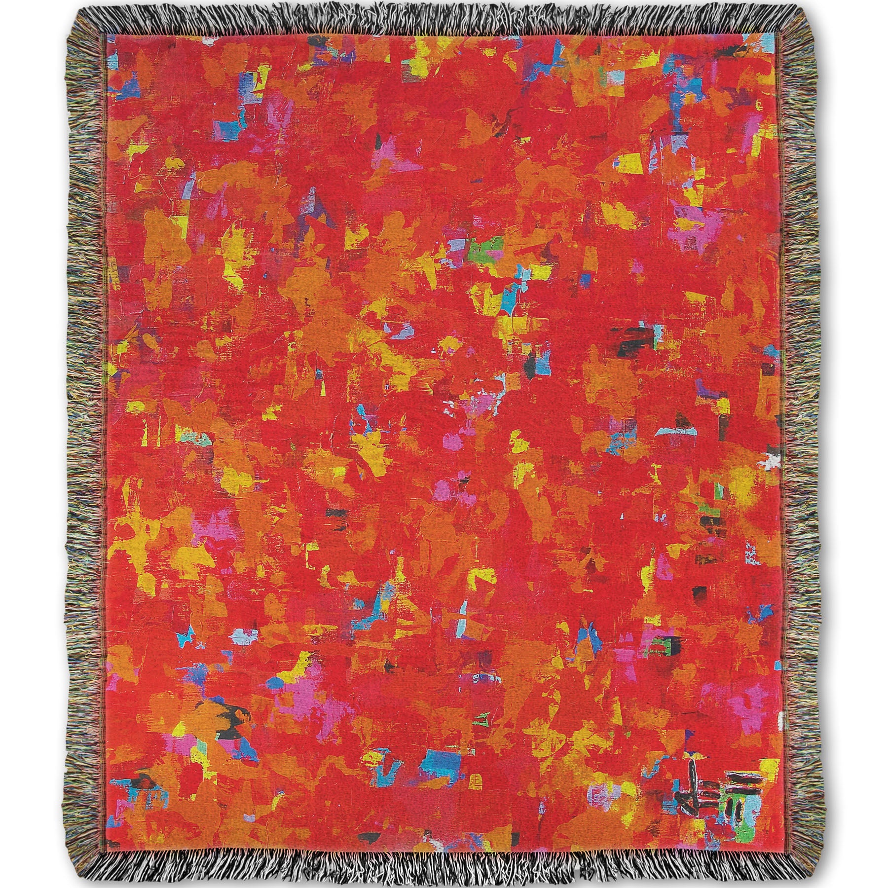 Woven blanket designed with a painting of an abstract organic pattern of red, orange, and yellow accented by blue, pink, green, black, and white.