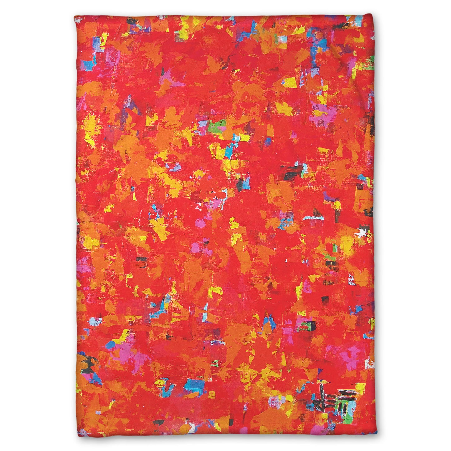 Fleece blanket designed with a painting of an abstract organic pattern of red, orange, and yellow accented by blue, pink, green, black, and white.