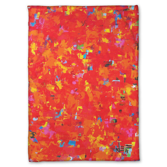 Fleece blanket designed with a painting of an abstract organic pattern of red, orange, and yellow accented by blue, pink, green, black, and white.