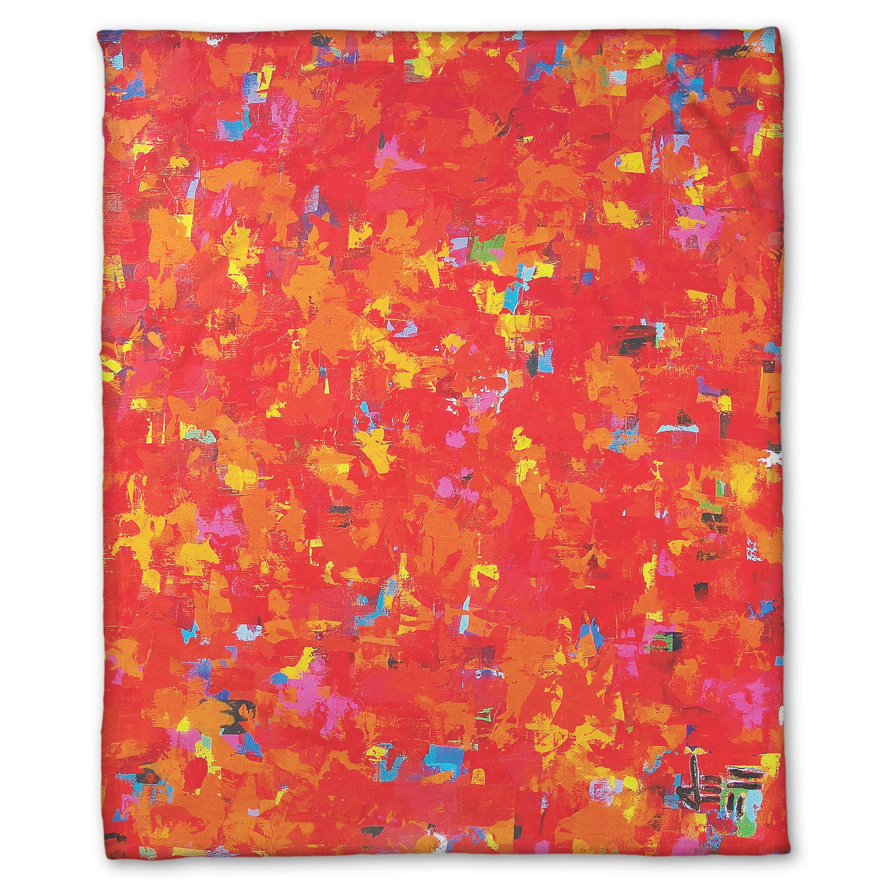 Fleece blanket designed with a painting of an abstract organic pattern of red, orange, and yellow accented by blue, pink, green, black, and white.