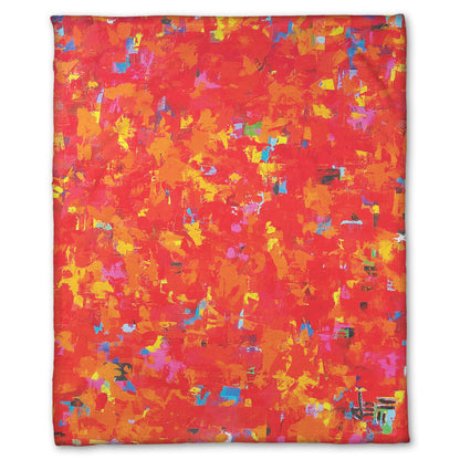 Fleece blanket designed with a painting of an abstract organic pattern of red, orange, and yellow accented by blue, pink, green, black, and white.