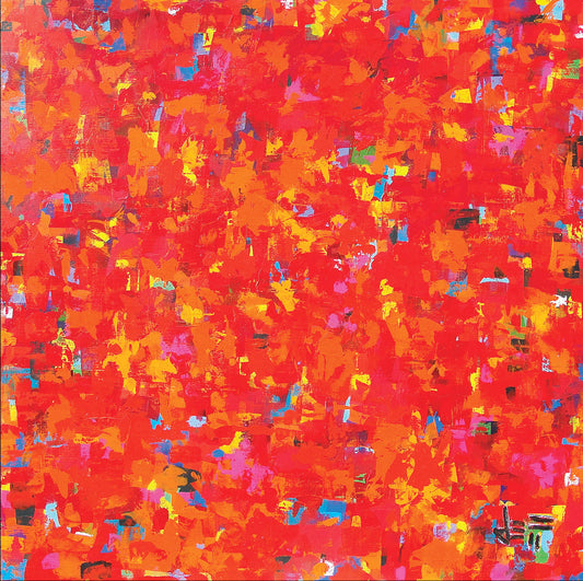 A painting of an abstract organic pattern of red, orange, and yellow accented by blue, pink, green, black, and white.