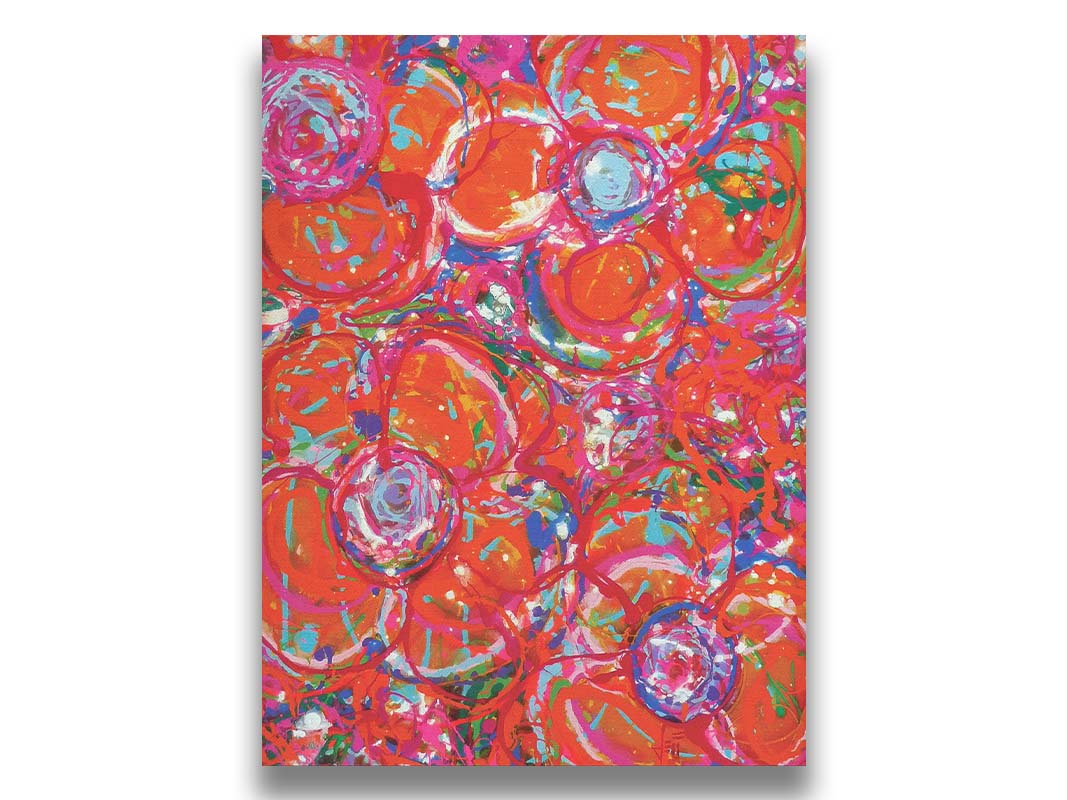 A drip painting of a cluster of abstracted flowers created with splatters of orange, red, and pink with accents of green, blue, yellow, and purple. Printed on canvas.