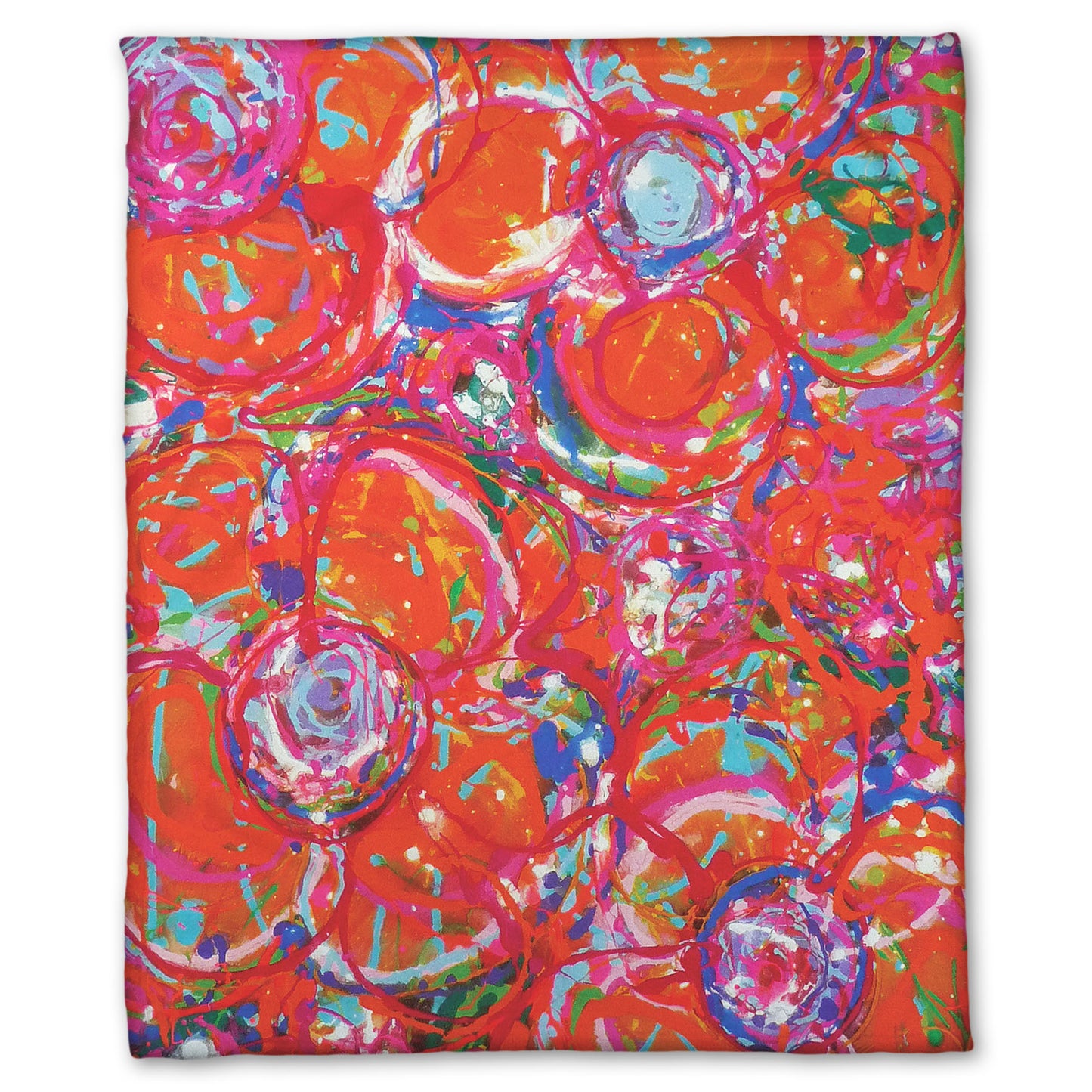A fleece blanket designed with a drip painting of a cluster of abstracted flowers created with splatters of orange, red, and pink with accents of green, blue, yellow, and purple.