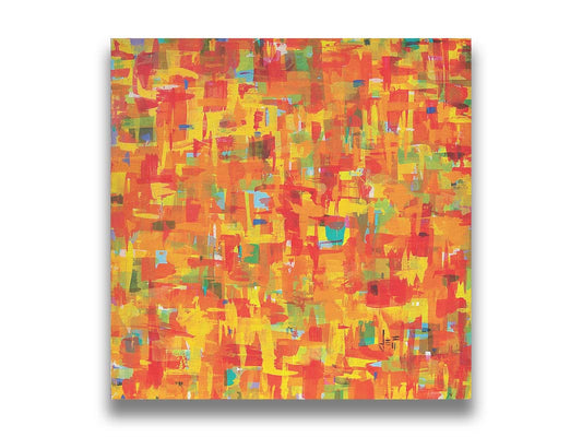 A painting of an abstract organic pattern of orange, yellow, and red accented by blue, pink, green, black, and white. Printed on canvas.