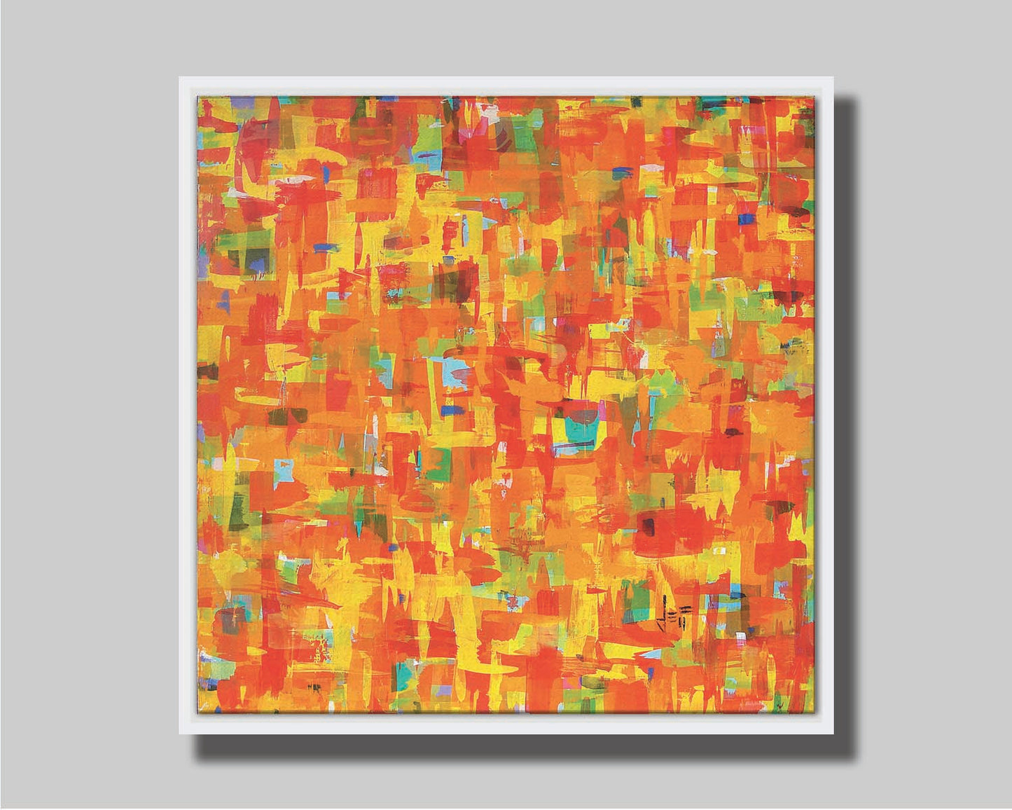 A painting of an abstract organic pattern of orange, yellow, and red accented by blue, pink, green, black, and white. Printed on canvas in a float frame.