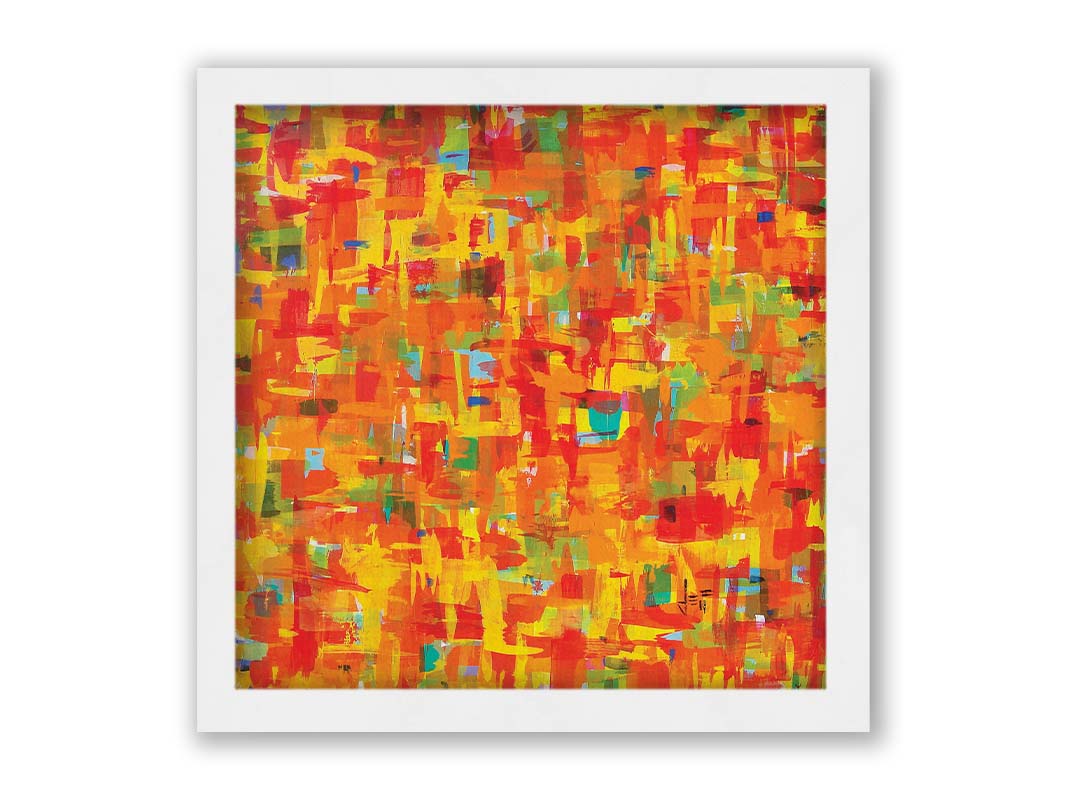 A painting of an abstract organic pattern of orange, yellow, and red accented by blue, pink, green, black, and white. Printed on canvas and framed.