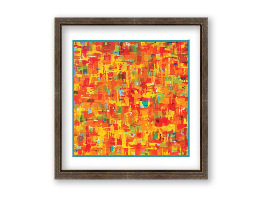 A painting of an abstract organic pattern of orange, yellow, and red accented by blue, pink, green, black, and white. Printed on paper, matted, and framed.